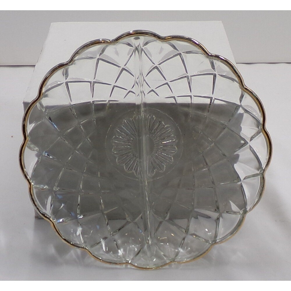 Vintage Divided Glass Serving Dish Gold Trim Relish Candy Bowl Pressed Glass